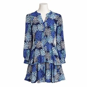 STS Sail to Sable Blue Floral Tiered Dress Size S Long Sleeve Lined Mini